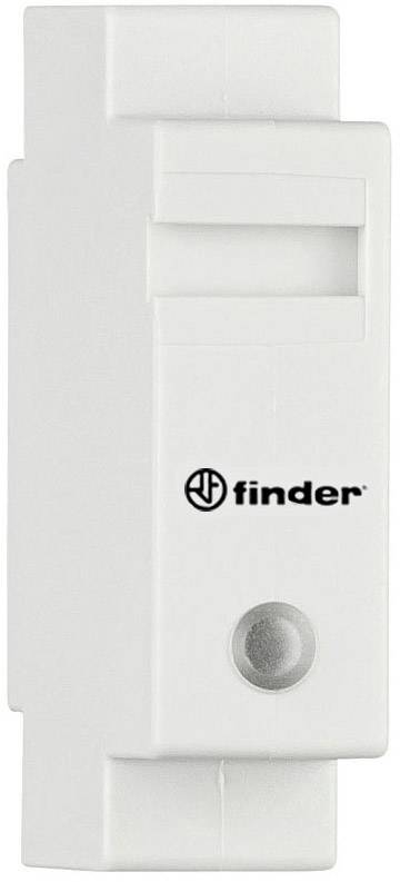Un boîtier de relais électrique blanc de la marque 'Finder' avec un petit bouton rond gris en bas.