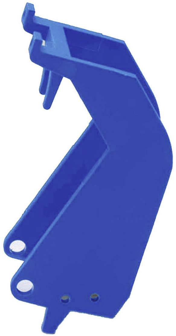 Un élément en plastique bleu à la forme incurvée, doté de deux points de fixation ronds sur le bord inférieur ; probablement un élément de support.
