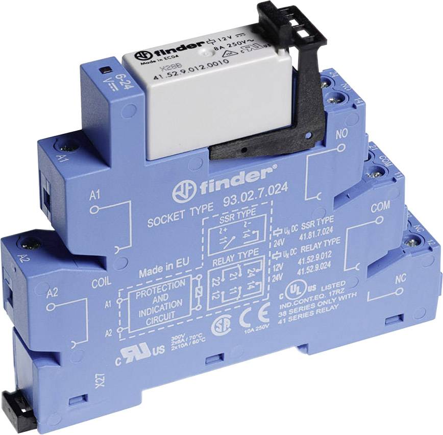 Composant électrotechnique bleu portant l'inscription 'finder', présentant différents types de bornes et de relais ainsi que des spécifications électriques.
