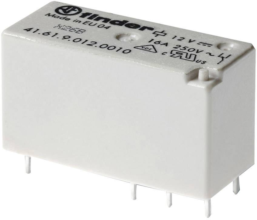 Un relais blanc avec des broches métalliques. Inscription : « Finder », « 12V », « 16A 250V~ ».