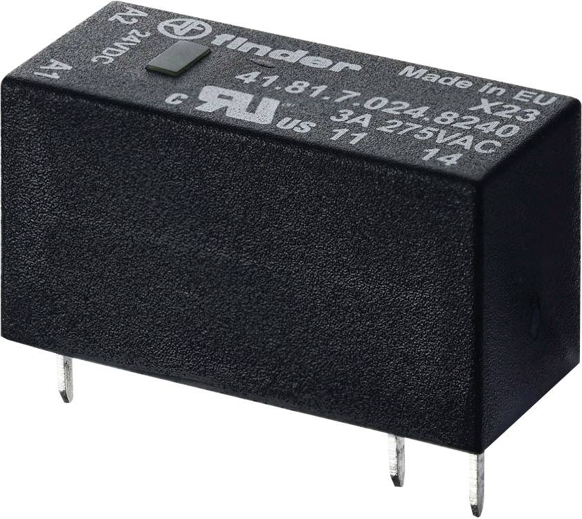 Un relais électronique noir portant l'inscription 'finder 41.81'. Il possède quatre broches métalliques et affiche des informations sur la marque et la tension.