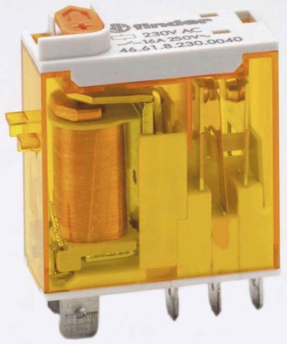 Un relais électromagnétique orange avec un couvercle transparent et des broches de connexion argentées, étiqueté avec des détails techniques.