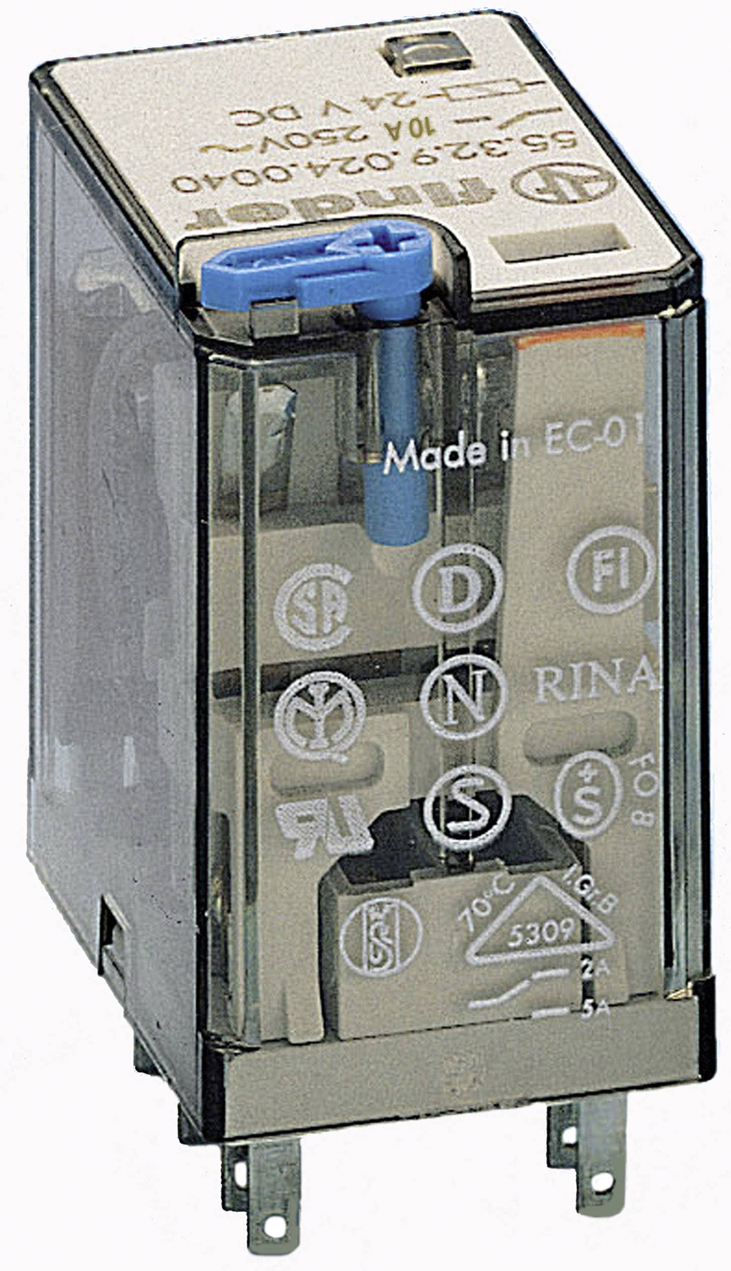 Un boîtier de relais transparent avec une bobine bleue et plusieurs symboles électriques et certificats sur la surface.