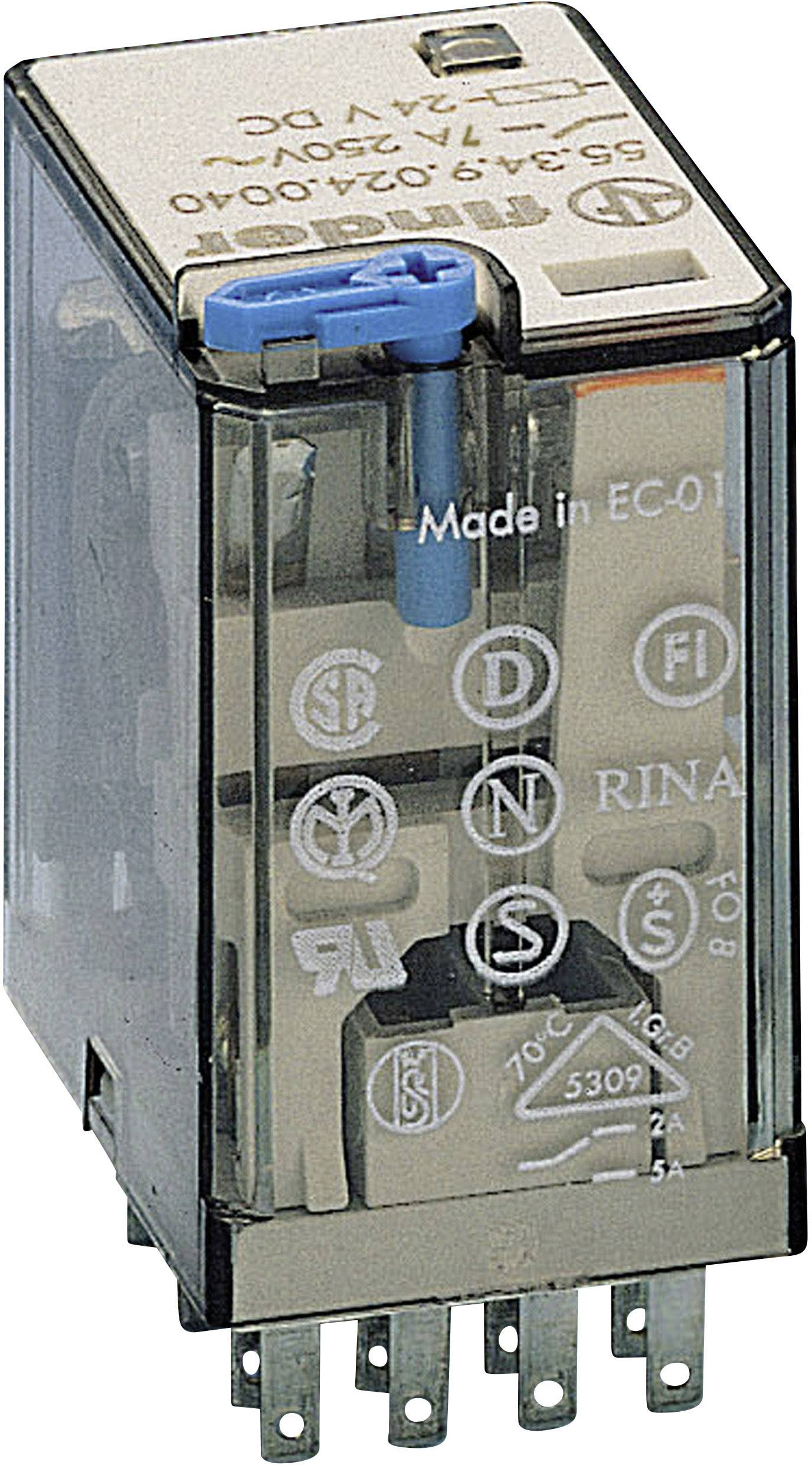 Un relais électromagnétique avec un boîtier transparent, affichant divers logos de certification et le texte « Made in EC01 ».