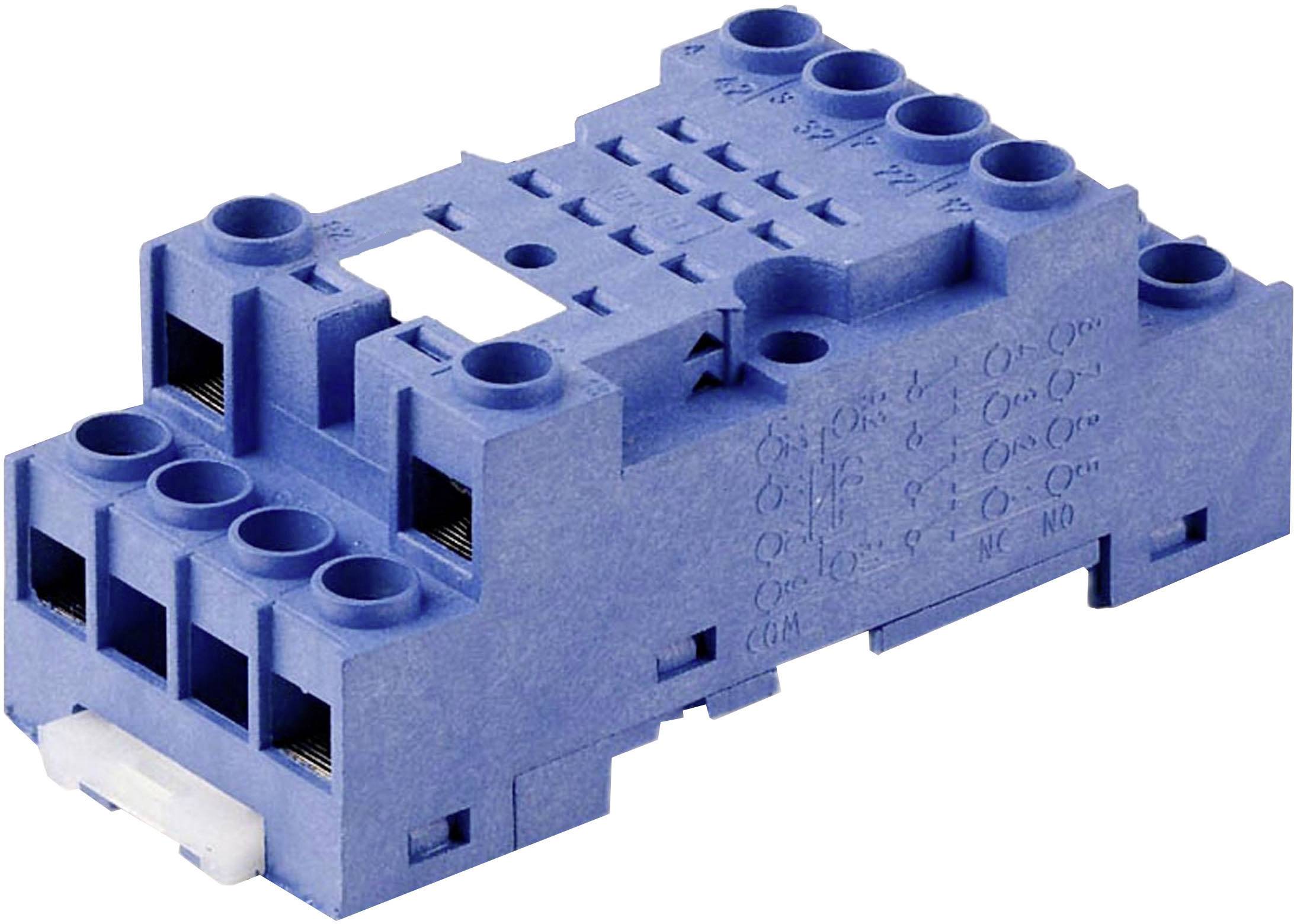 Un adaptateur électrique bleu pour relais, offrant plusieurs possibilités de connexion pour le câblage et le montage.