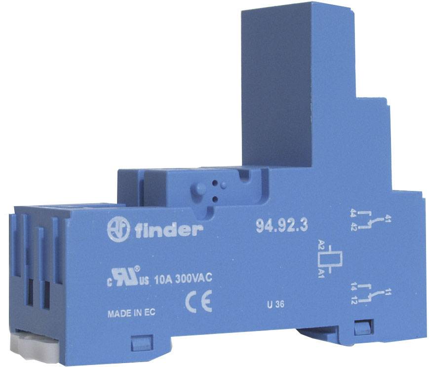 Socle de relais de module avec indication 'Finder 10A 300VAC' de couleur bleue. Contient des symboles de schéma électrique et des détails de montage.
