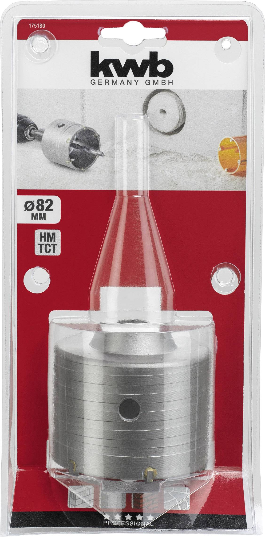 Emballage d'un kit de scie cloche de kwb Germany GmbH, Ø82 mm, HM TCT, avec une image d'application en arrière-plan.