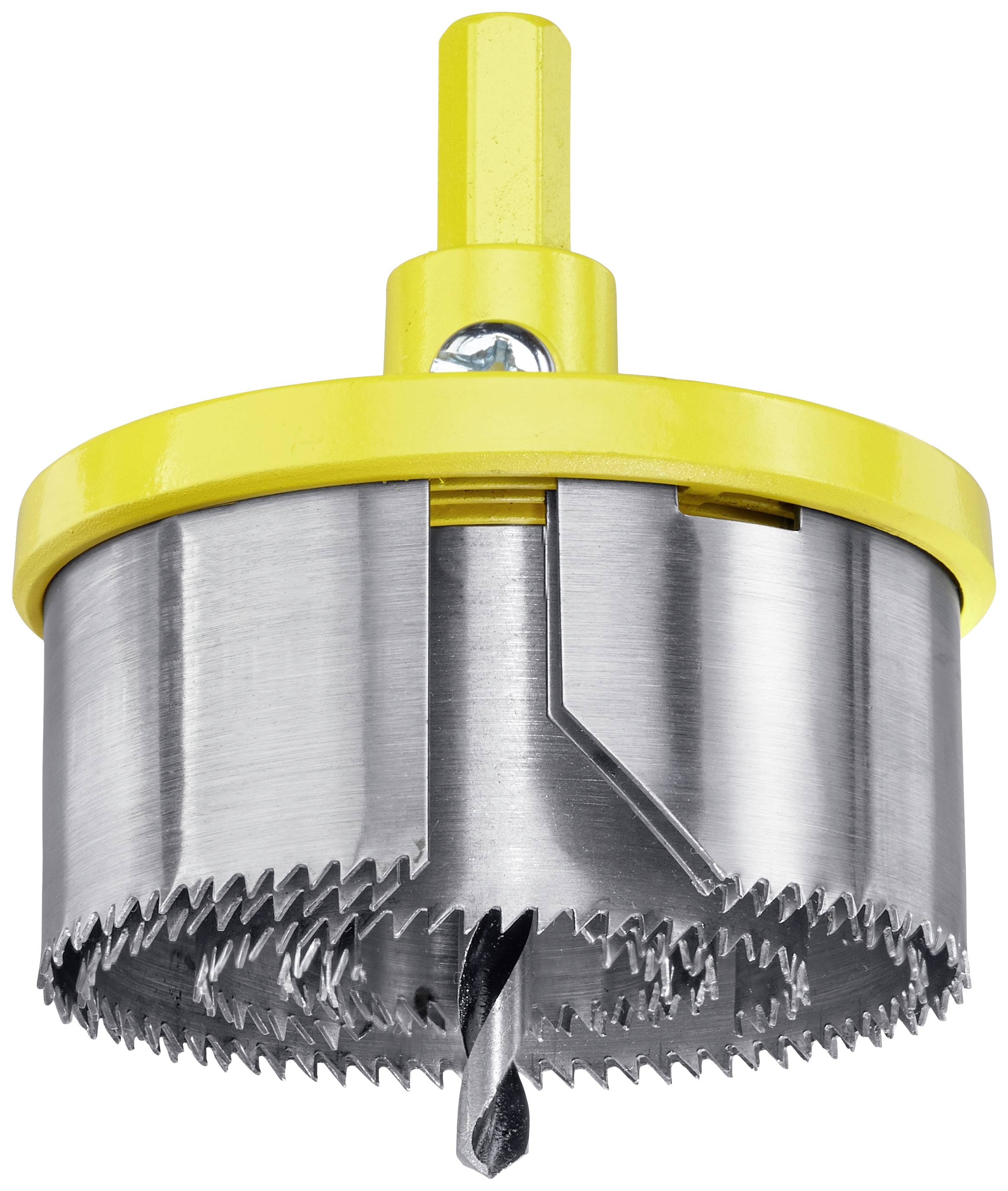 Scie-cloche métallique avec boîtier jaune et plusieurs lames de scie dentelées. Utilisée pour l'usinage des métaux.