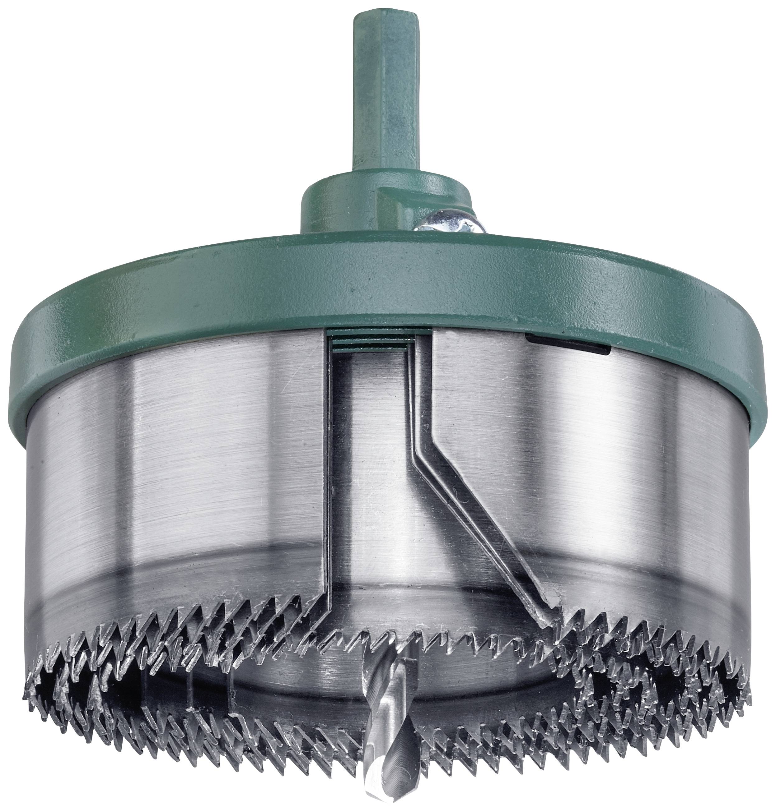 Accessoire de scie à métaux avec boîtier vert, composé de plusieurs dents de coupe concentriques, adapté pour couper différents diamètres.