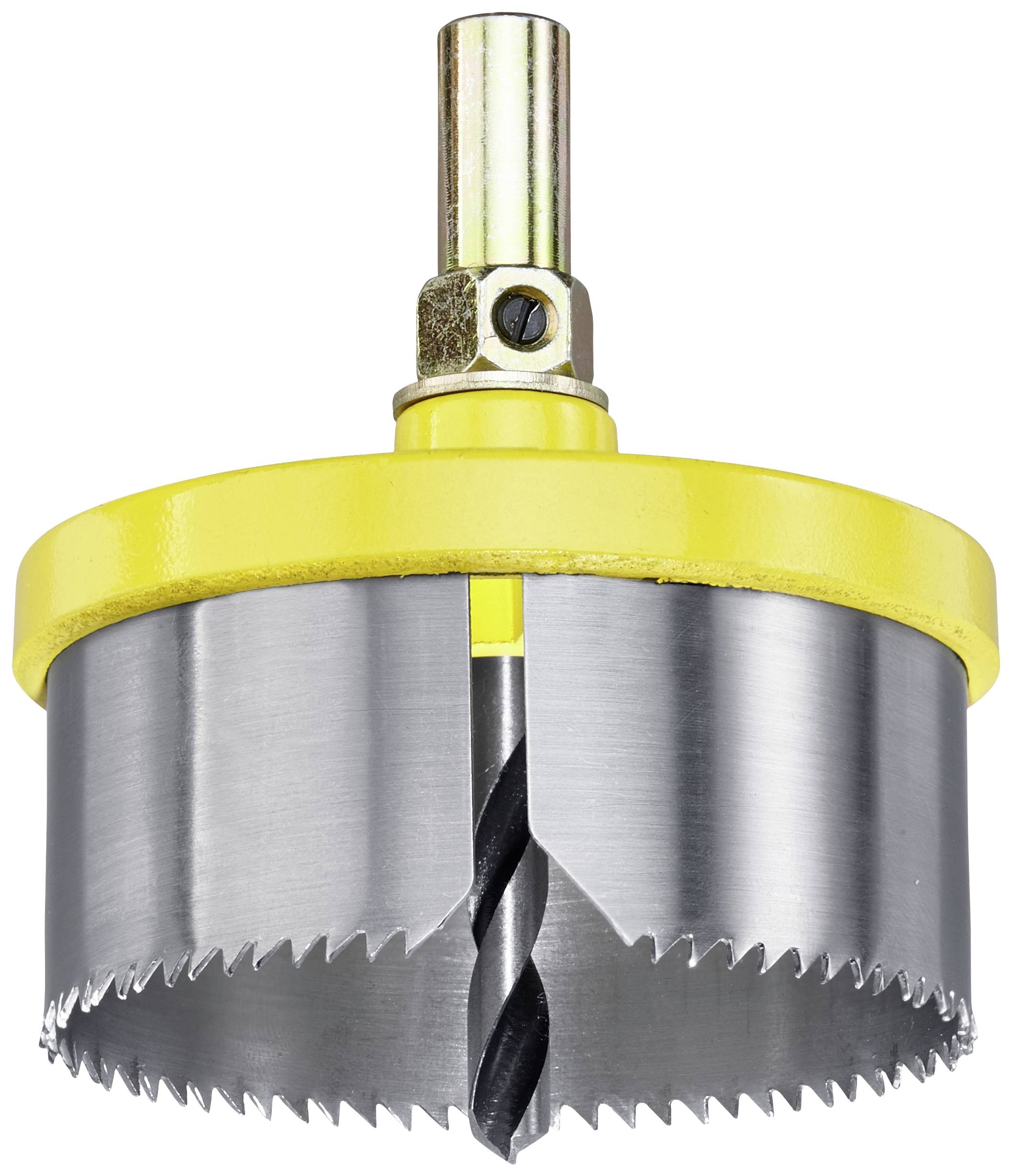 Couronne de forage avec boîtier jaune et dents en métal, adaptée pour percer de grands trous dans le bois ou le métal.