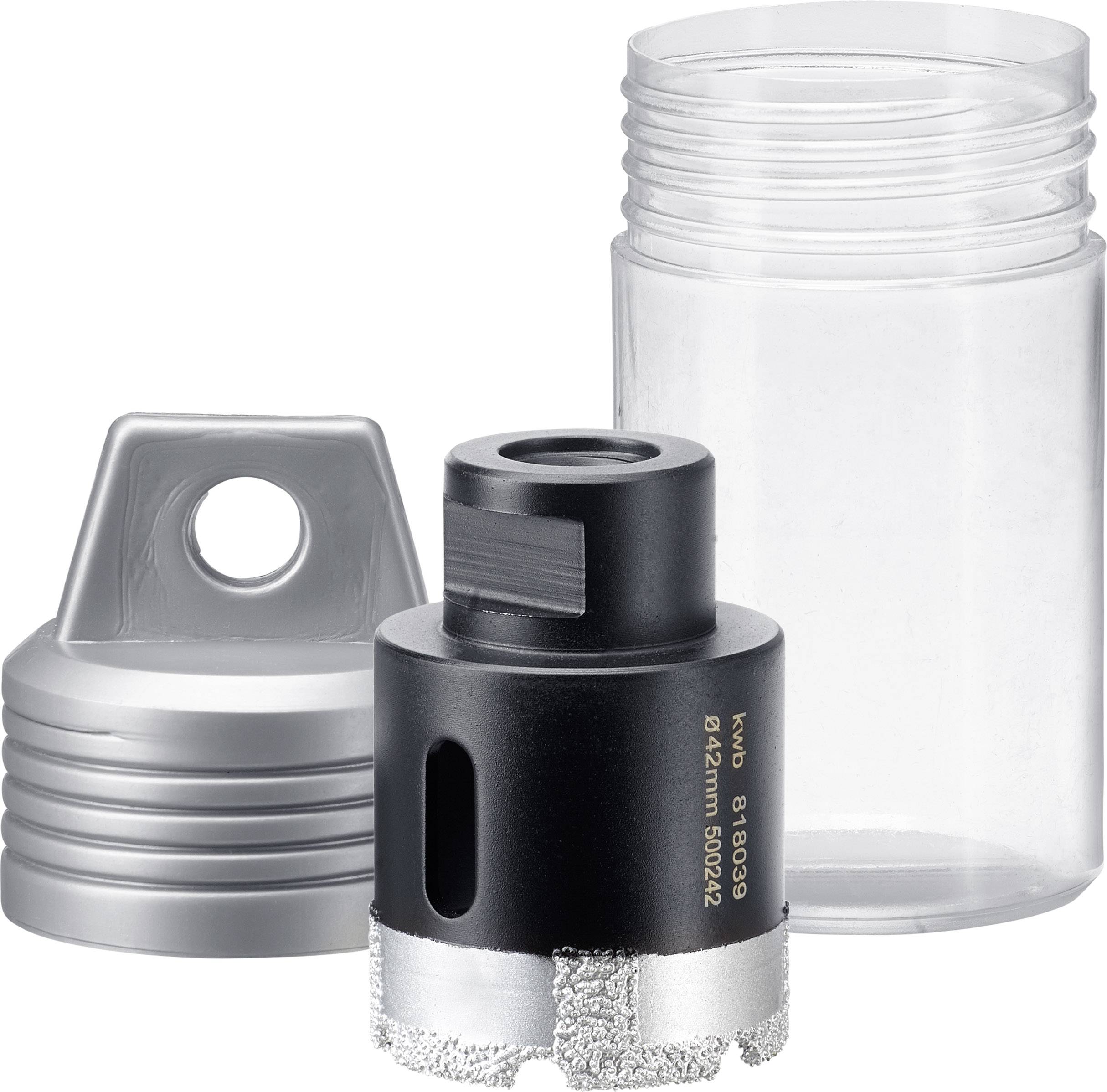 Un embout de forage avec tranchant serti de diamants, boîtier argenté et étui de rangement transparent, destiné à l'usage dans l'industrie de la construction.