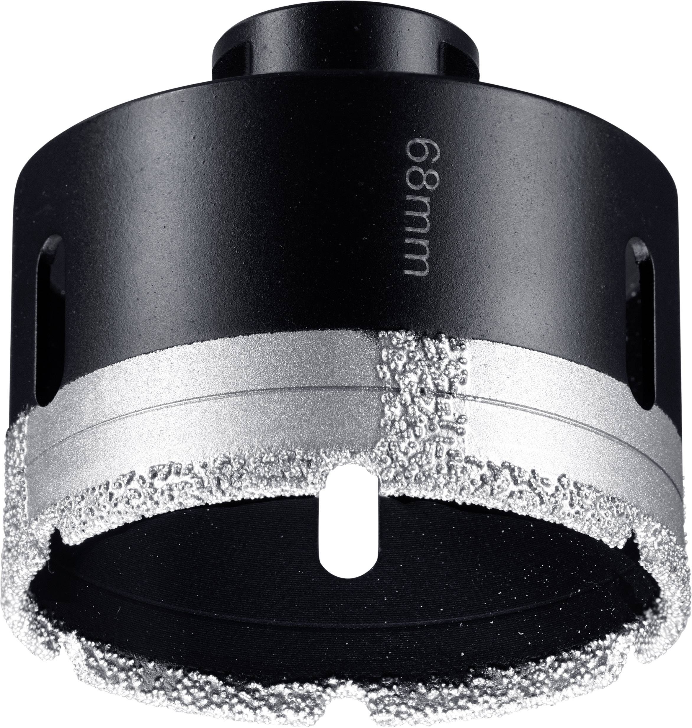 Une scie cloche noire d'un diamètre de 68 mm, équipée d'un bord de coupe dentelé gris pour les travaux de perçage.