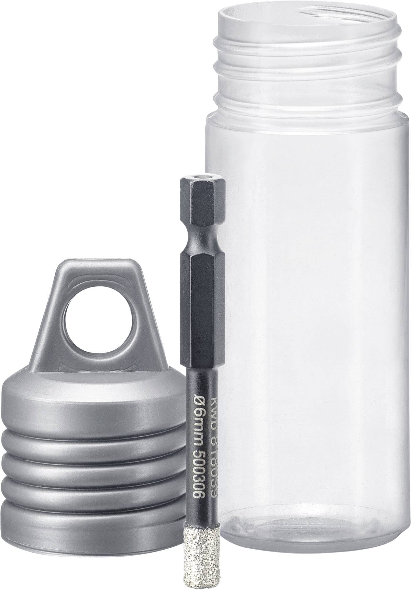 Bouteille en plastique transparent avec un couvercle à vis gris à côté d'une tête de forage en métal, adaptée au rangement des outils.