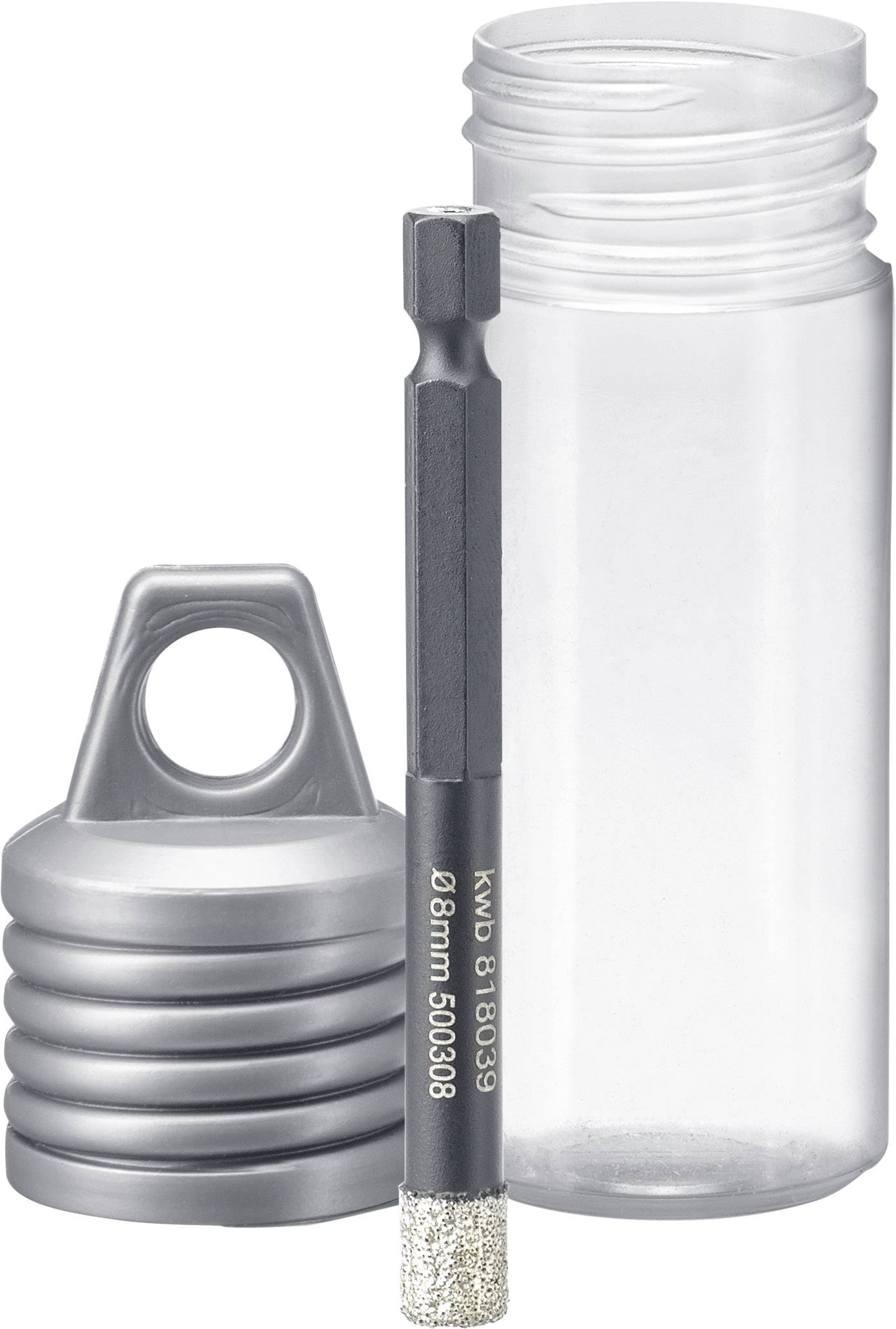 Foret métallique avec pointe diamantée, diamètre de 6 mm, à côté d'un étui transparent en plastique avec couvercle.