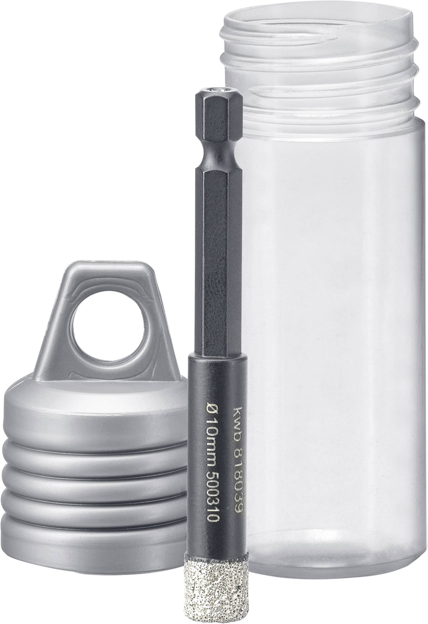 Foret métallique avec pointe de couronne diamantée de 10 mm, à côté d'un cylindre en plastique transparent à couvercle gris.