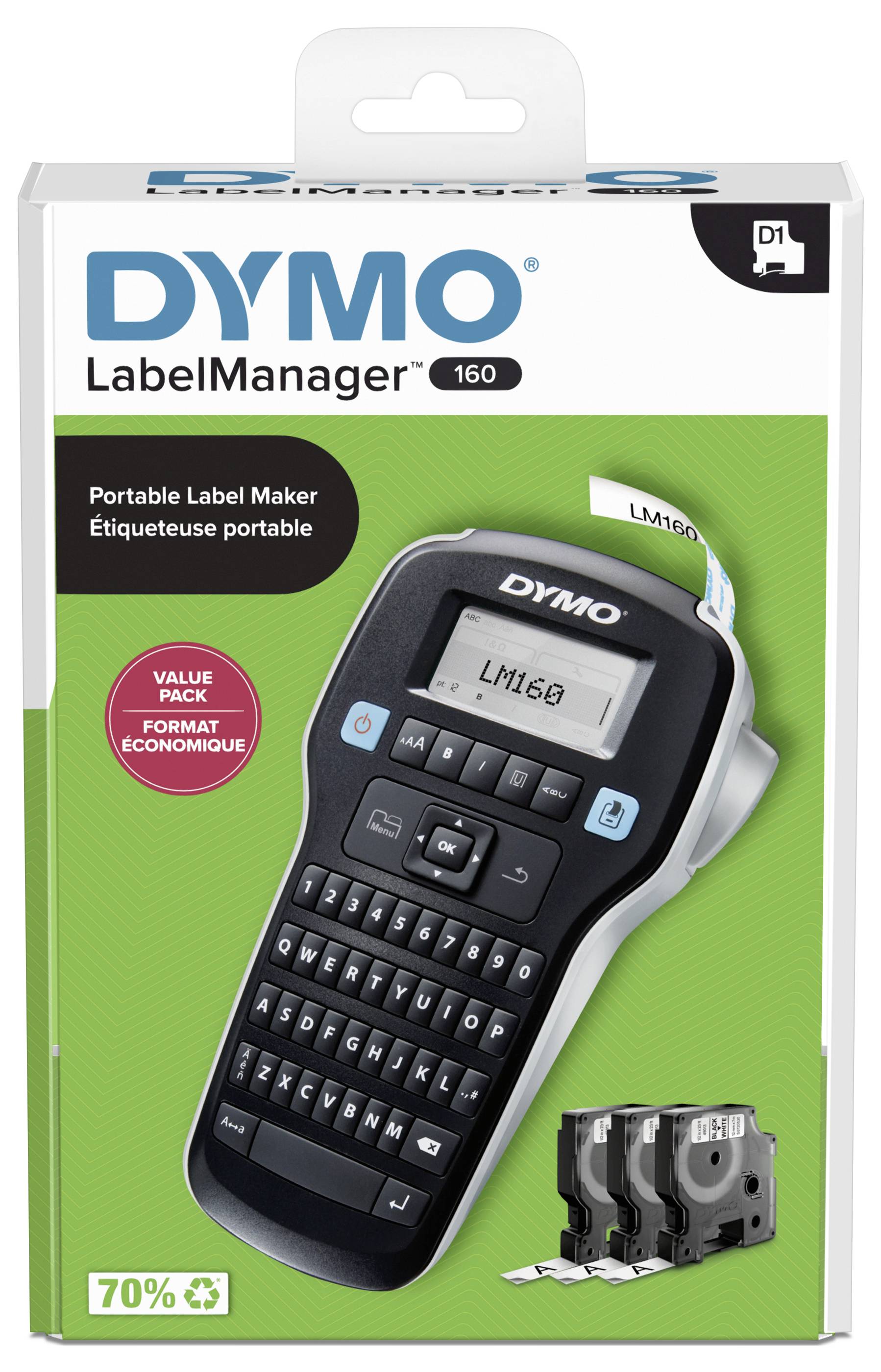 Emballage de 'DYMO LabelManager 160' avec une image d'une étiqueteuse portable et trois cassettes d'étiquettes, 70% économique.