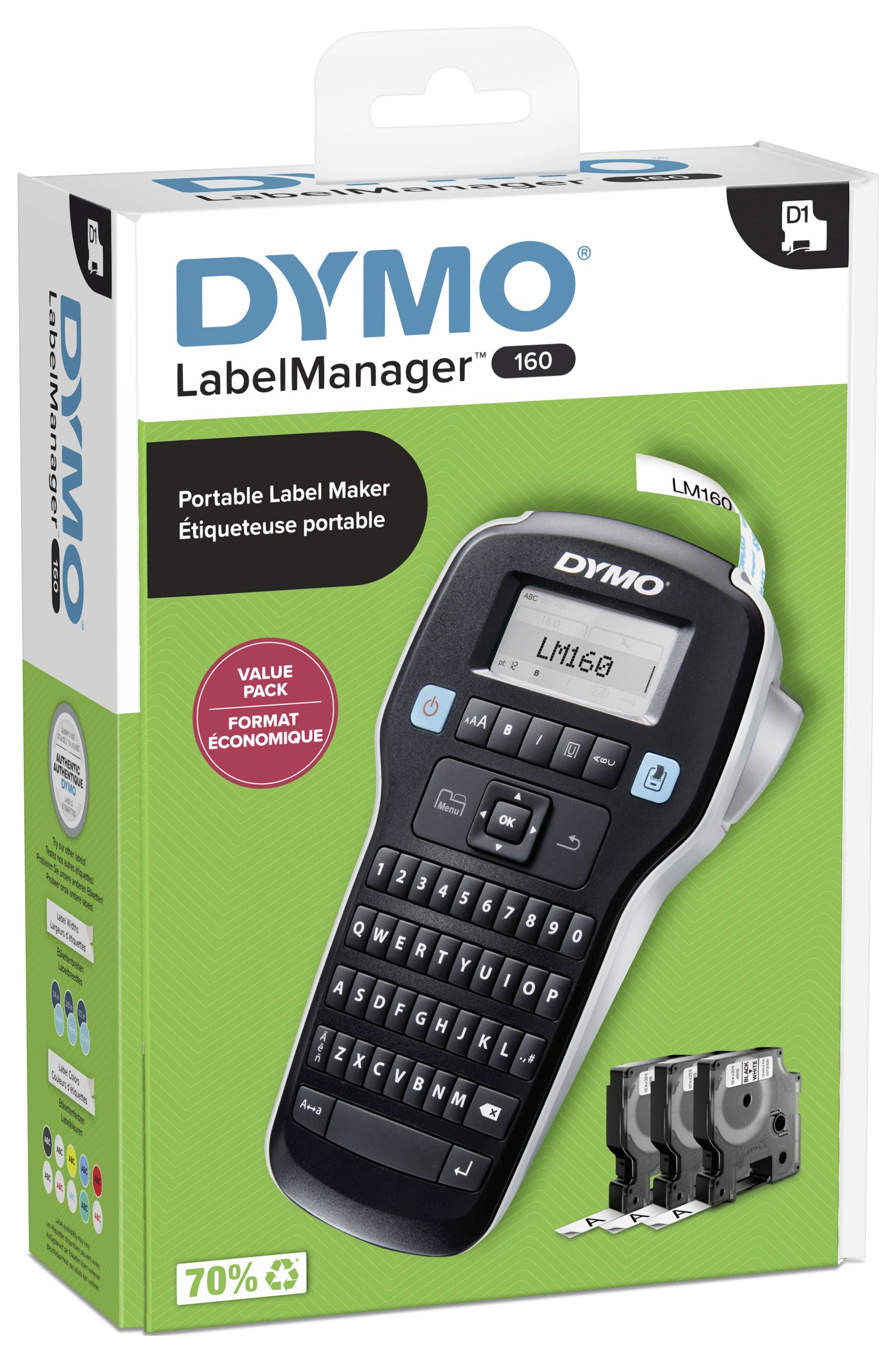 Emballage d'un Dymo LabelManager 160, un appareil d'étiquetage portable avec un clavier QWERTZ. Contient trois cassettes de ruban d'étiquettes.