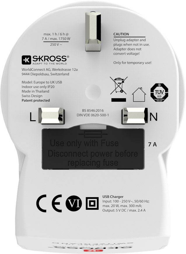 Skross 1500280 Adaptateur pour prise murale 2 x USB avec adaptateur UK