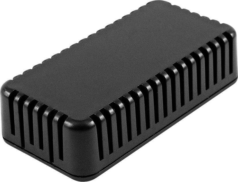 Un boîtier rectangulaire noir avec des fentes de ventilation sur les côtés, probablement adapté pour des composants ou des appareils électroniques.