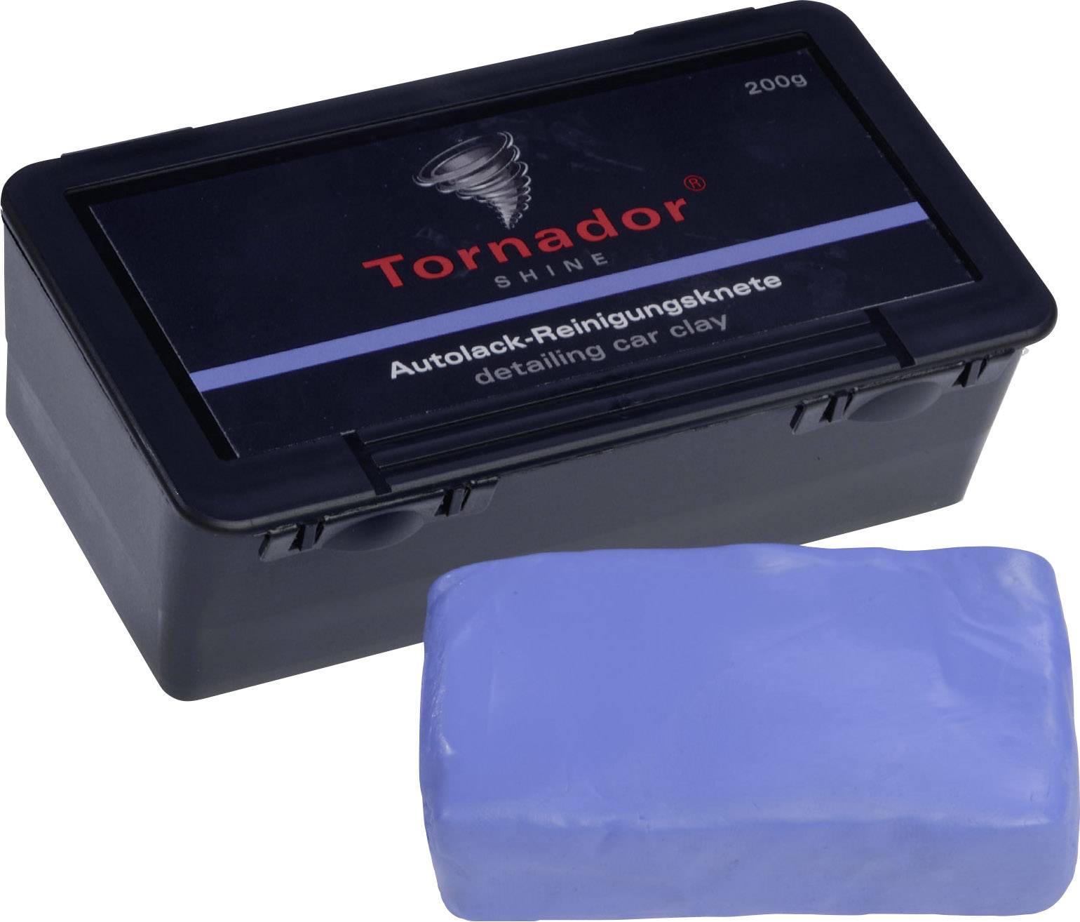 Une boîte noire portant l'inscription « Tornador Shine Pâte de nettoyage pour vernis automobile », à côté de laquelle se trouve un morceau de pâte de nettoyage bleu.