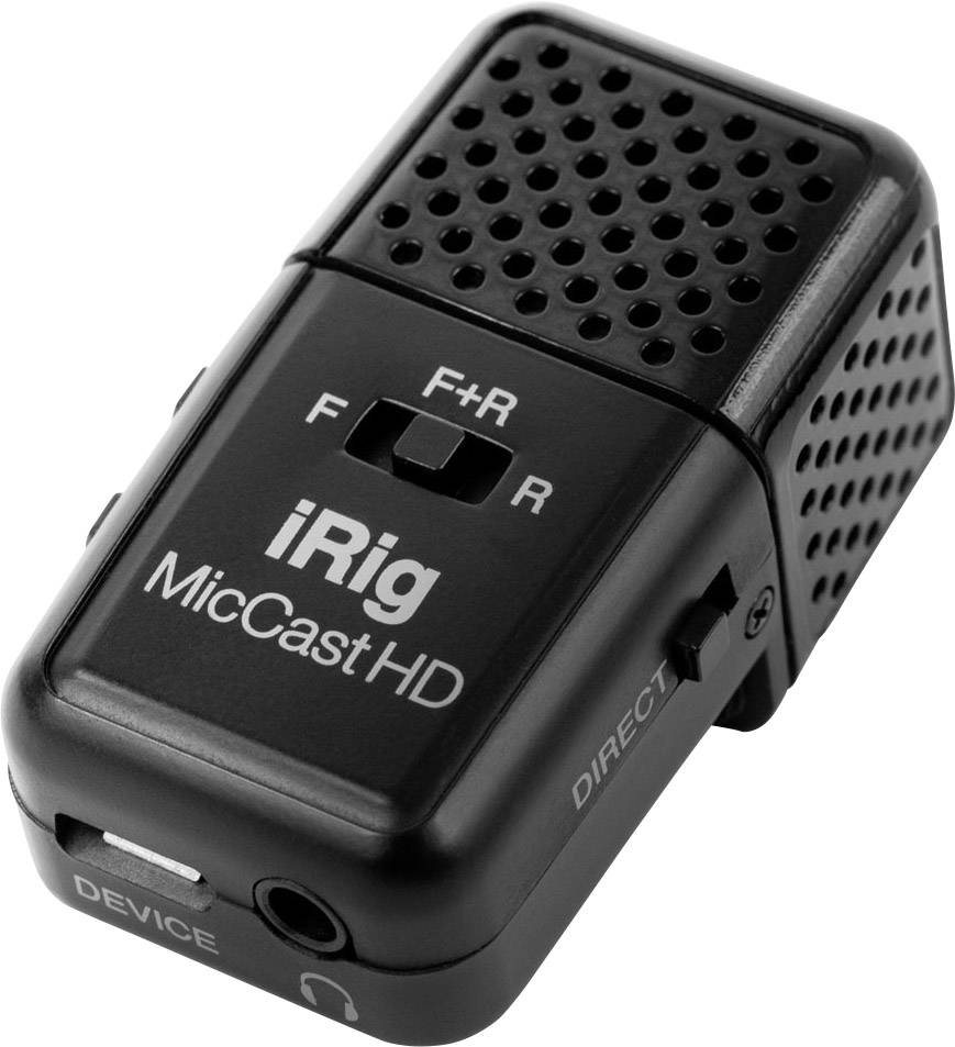 Microphone compact 'iRig MicCast HD' en noir avec commutateur F+R/Interrupteur et prise jack 3,5 mm pour casque, permettant un enregistrement direct sur des appareils mobiles.