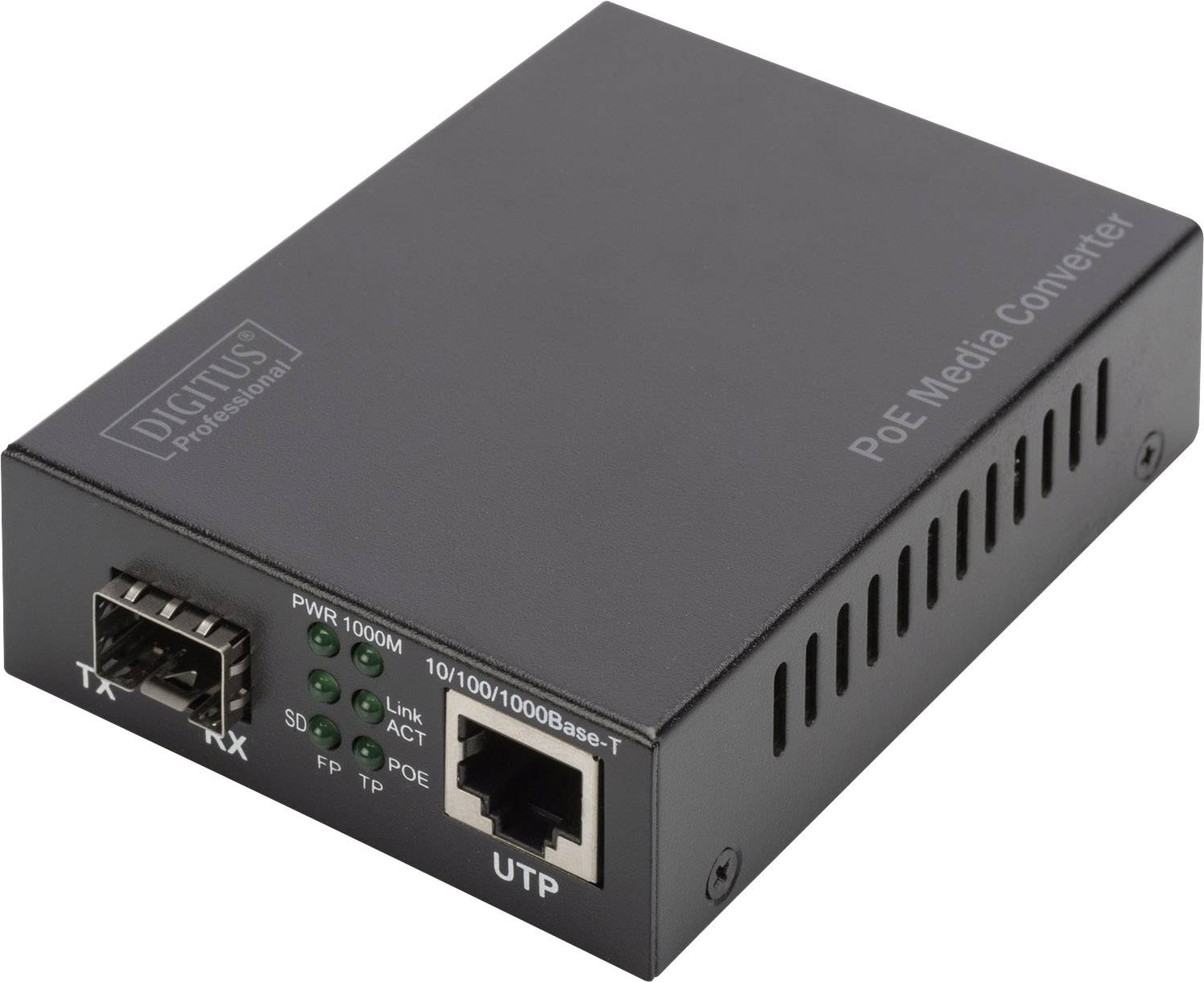 Convertisseur multimédia PoE avec ports à fibre optique et Ethernet, affichant des voyants LED pour le statut et la connexion. Marque : Digitus.
