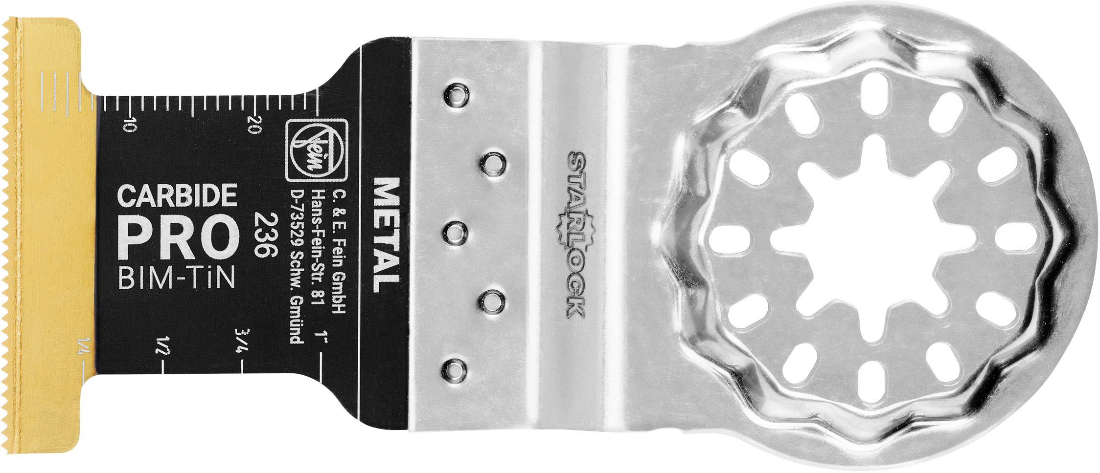 Une lame de scie oscillante multifonction portant l'inscription 'Carbide Pro BIM-TiN 236', adaptée pour l'usinage des métaux, de la marque Starlock.