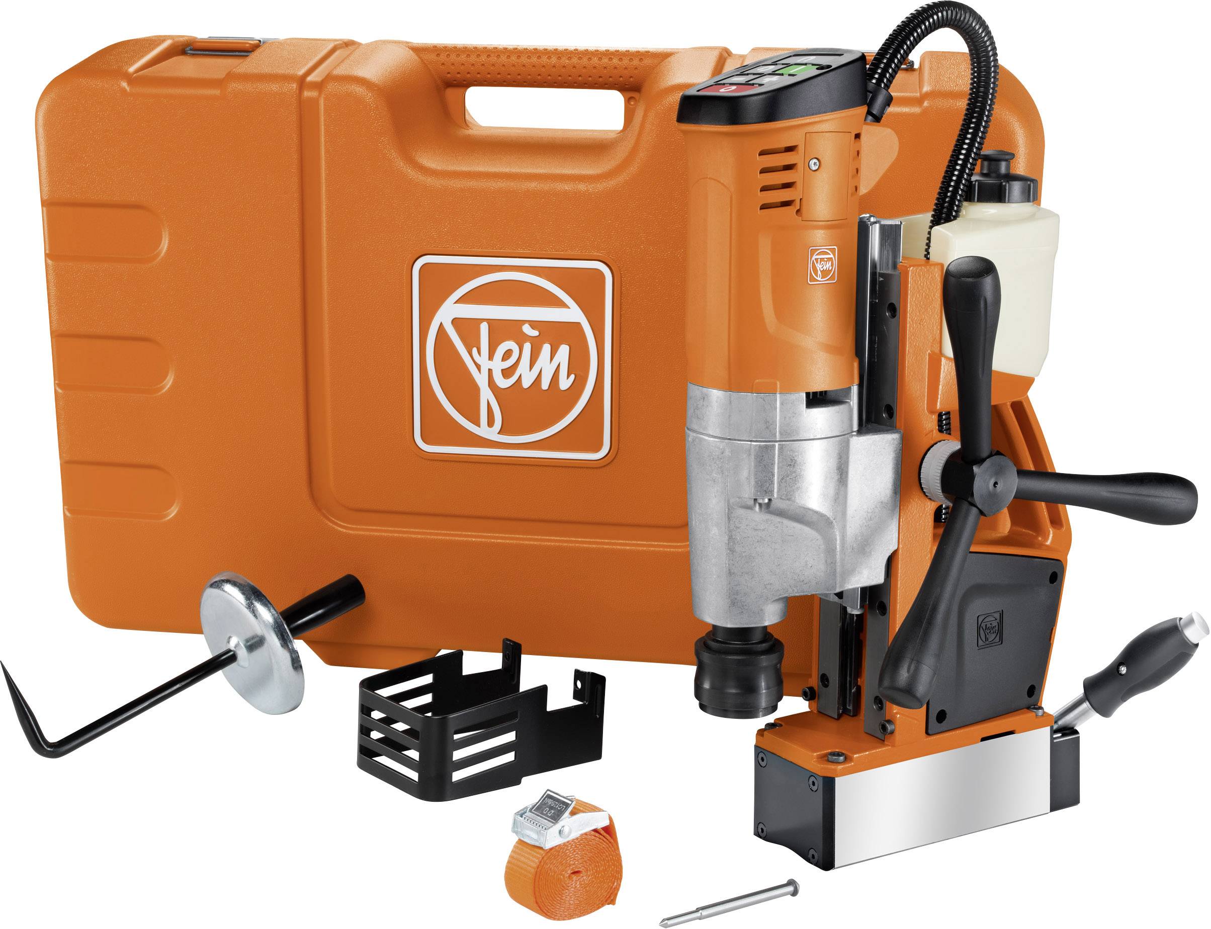 Machine de forage magnétique avec accessoires, y compris un coffret. Comprend une manivelle manuelle, un réservoir de liquide de refroidissement et des supports de foret.