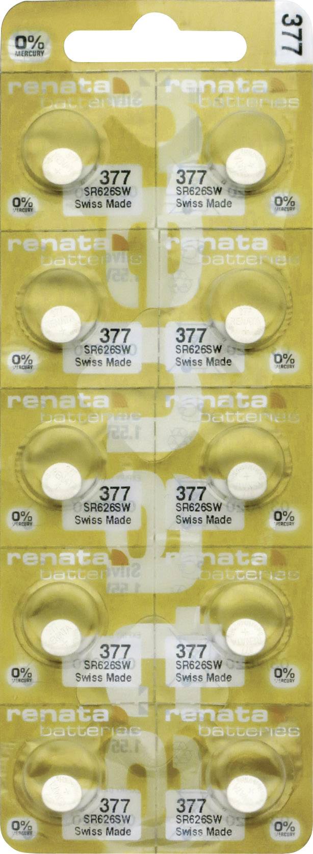 Blister de dix piles Renata, modèle 377, Swiss Made. Perforation visible entre chaque pile.