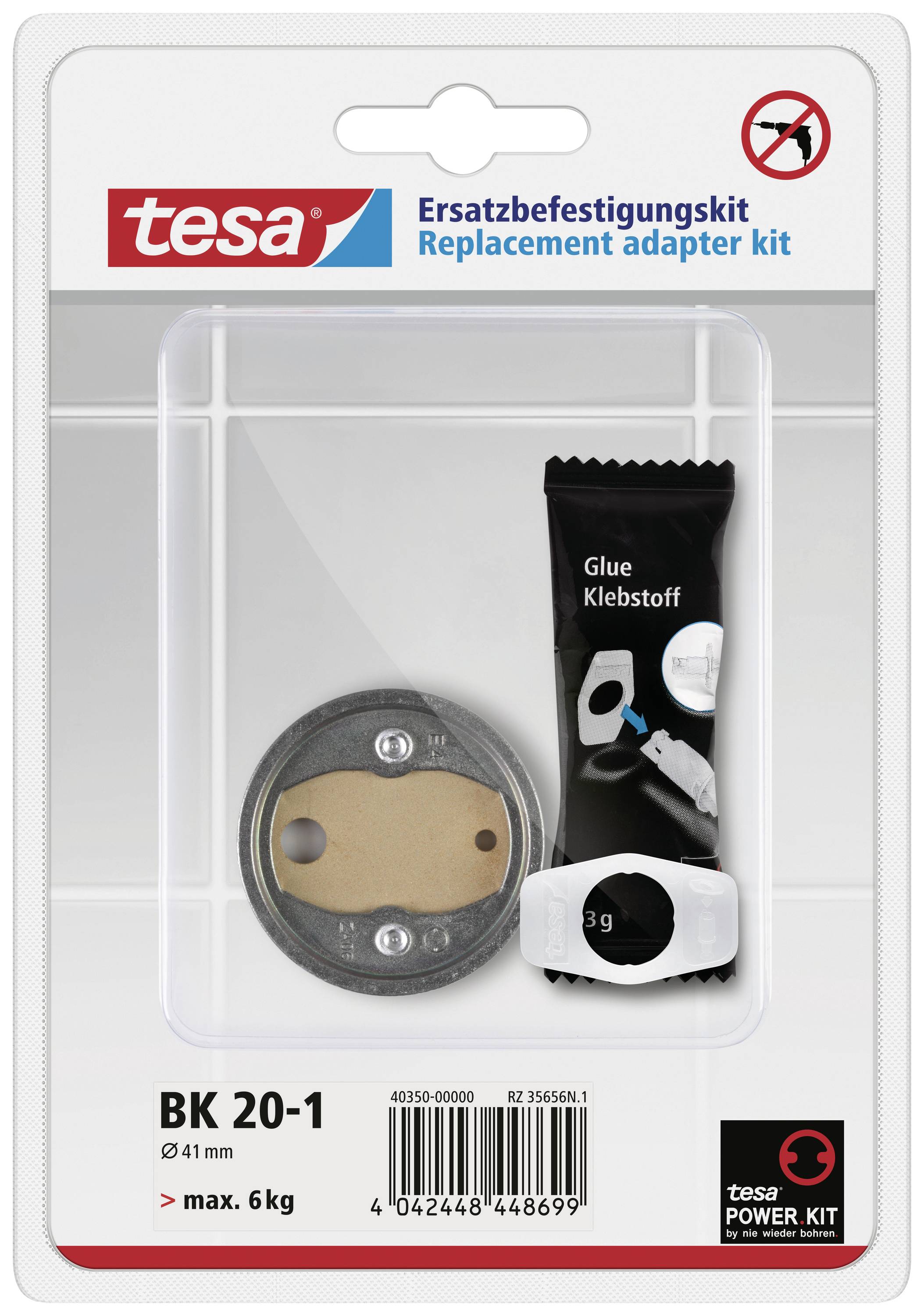 Kit de fixation de remplacement BK 20-1 de tesa pour jusqu'à 6 kg, comprenant un anneau adaptateur et de la colle.