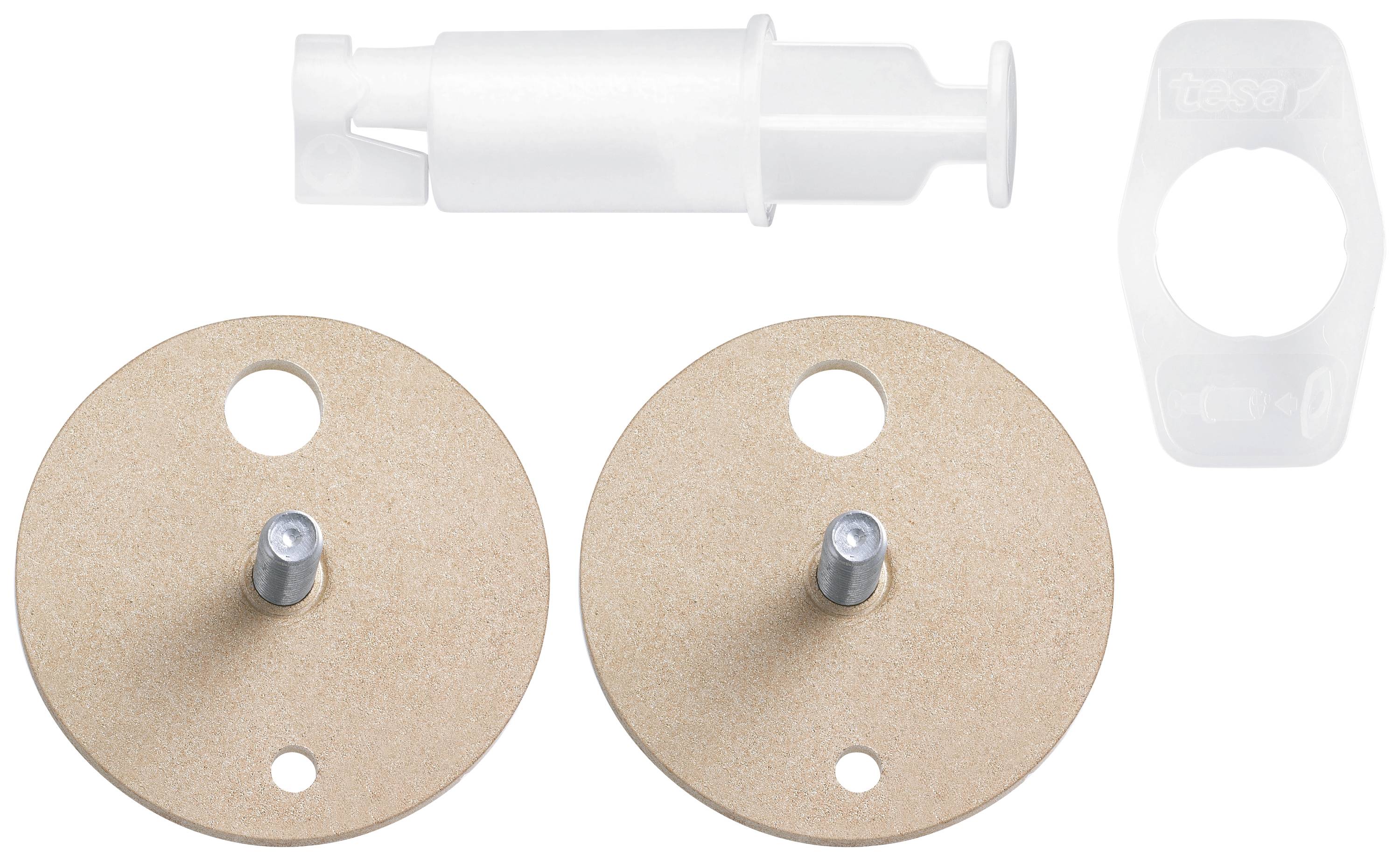 Kit de fixation en bois comprenant deux plaques rondes, une cheville blanche et un support, probablement destiné à l'assemblage.