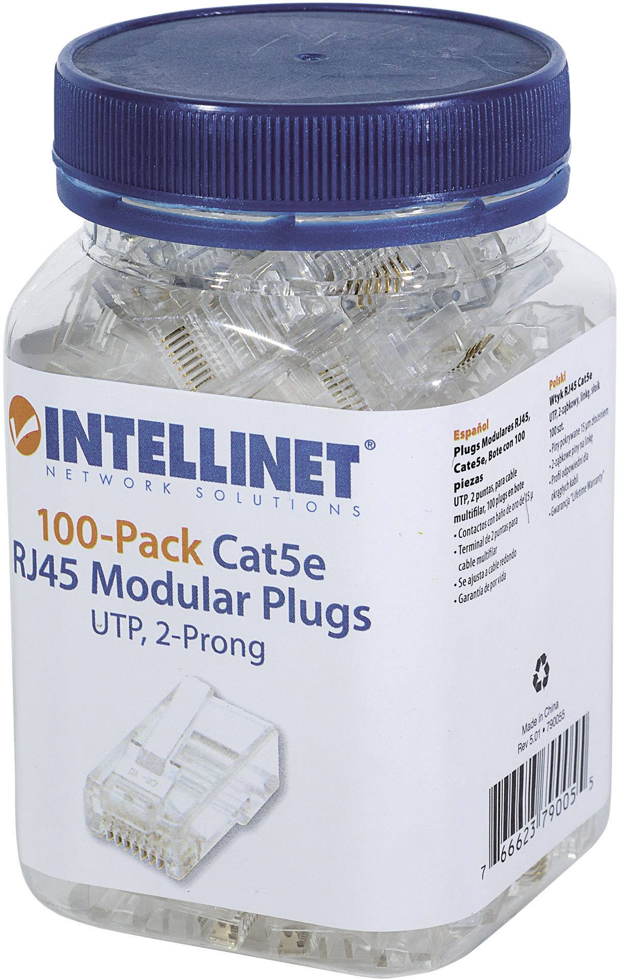 Intellinet Pack de 100 modules RJ45 catégorie 5e, câble UTP, 2 points, pour câble multibrins, 100 fiches par tasse 790055 Contact
