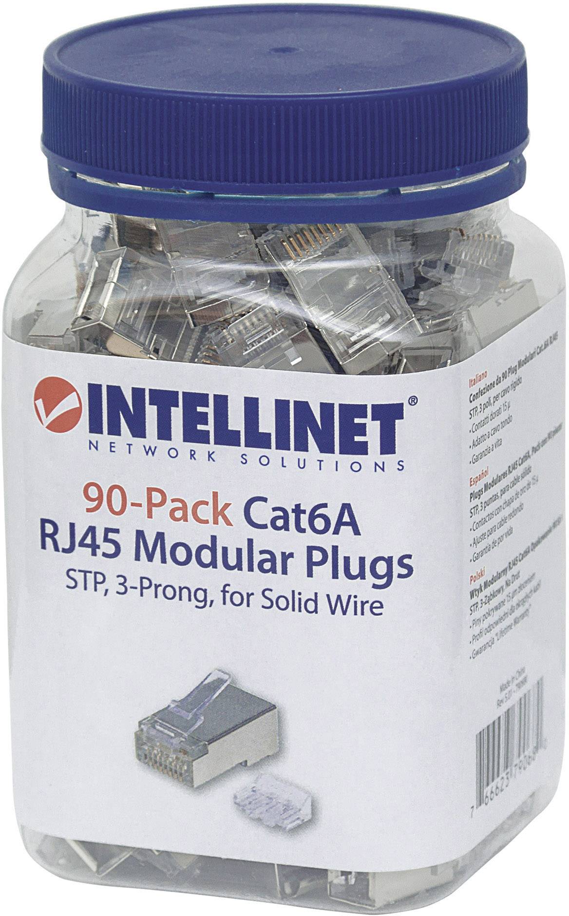 Intellinet Connecteur modulaire RJ45 STP 3 points pour câble massif 90 mâle dans la tasse, Intellinet 90-Pack Cat6A 790680