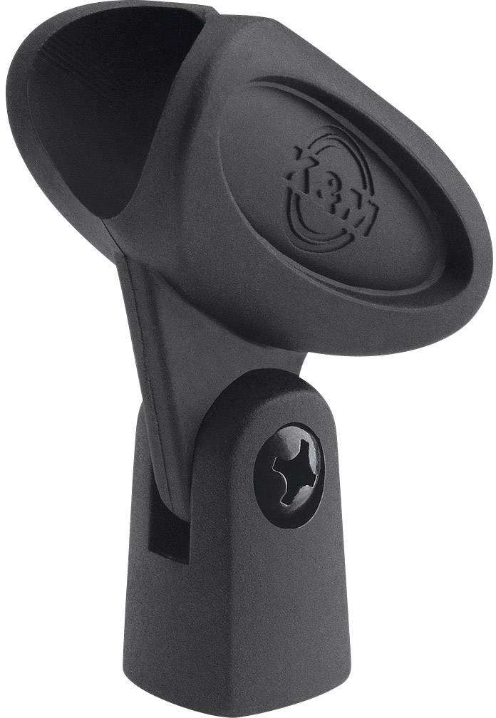 Support de microphone noir en plastique avec angle réglable. Logo de marque 'K&M' visible.
