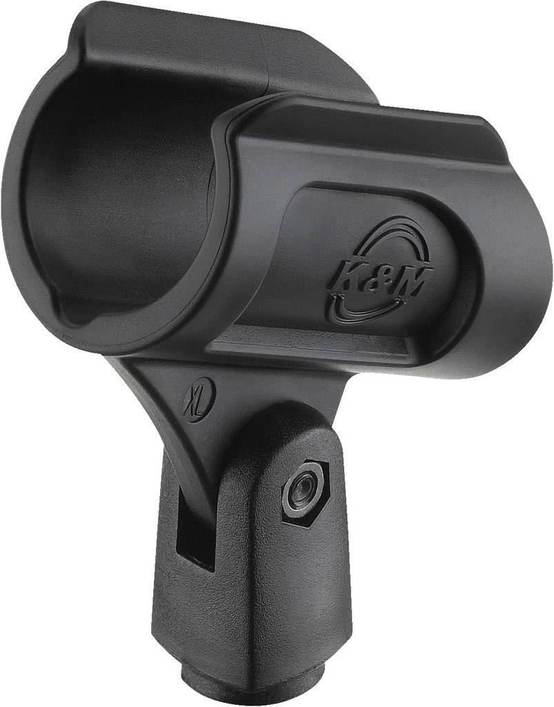Support de fixation en plastique noir avec logo K&M, adapté aux microphones. Design robuste et fonctionnel.