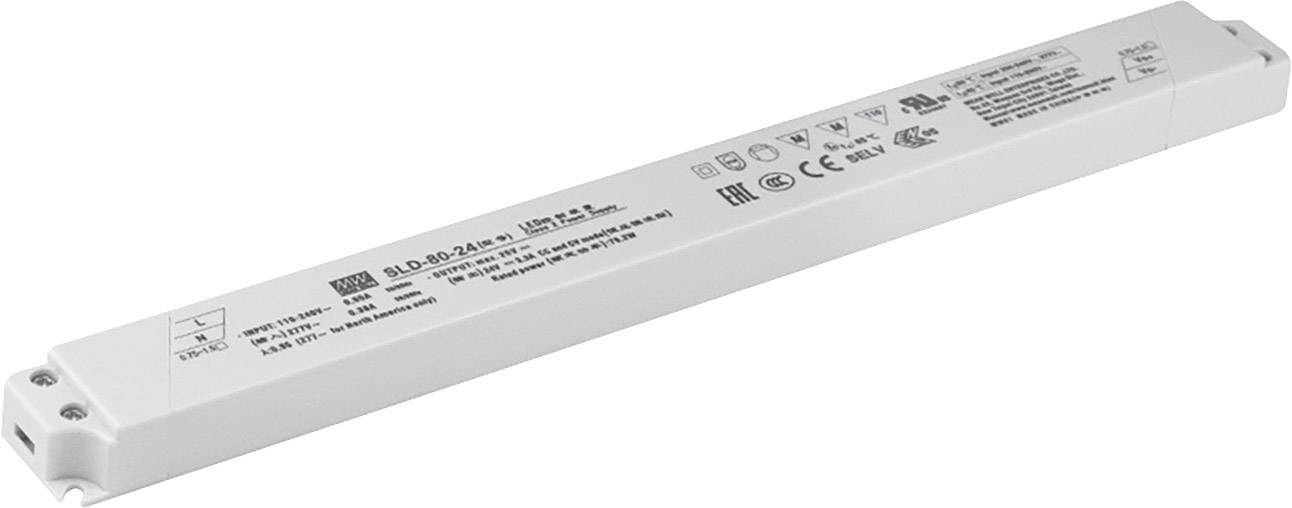 Un dispositif de pilotage LED blanc rectangulaire avec des spécifications et des symboles de sécurité sur sa surface. Adapté pour des applications de 24 V, 100 W.