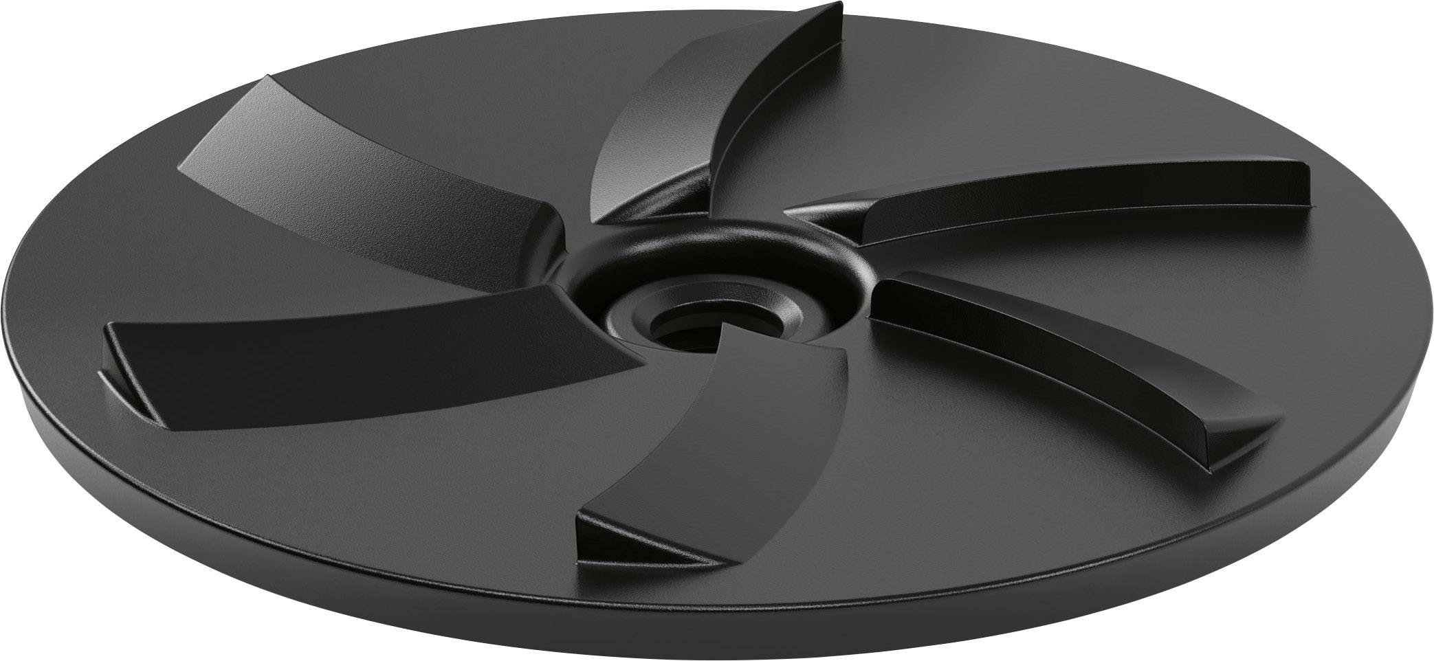 Objet noir et rond muni de cinq ailes courbées et surélevées, rayonnant à partir d'un point central.