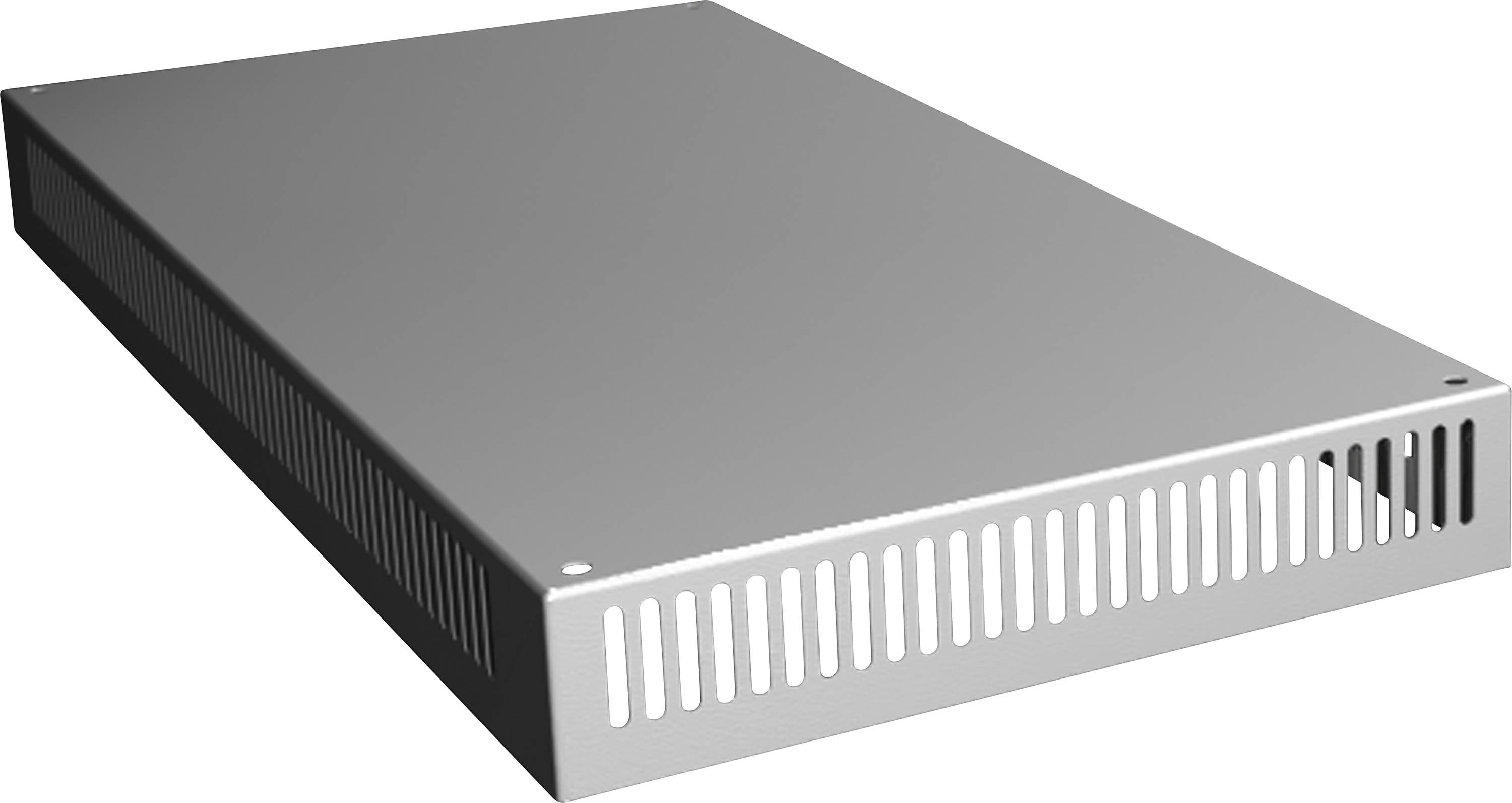 Une cage métallique plate et rectangulaire avec des fentes de ventilation latérales, souvent utilisée dans des appareils électroniques ou des serveurs.