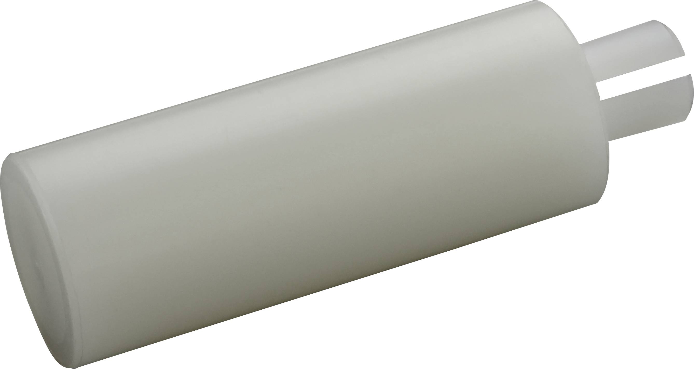 Un objet cylindrique blanc en plastique avec deux tiges dépassant à une extrémité.