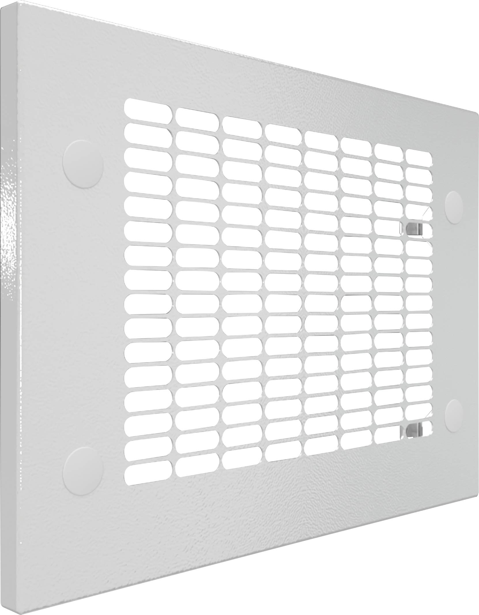 Grille de couverture métallique de forme rectangulaire avec des fentes de ventilation horizontales étroites et quatre points de fixation.