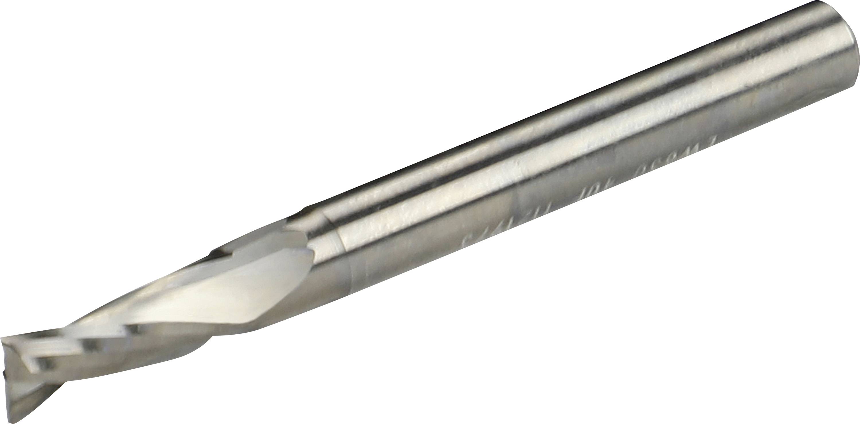 Un fraiseur en métal avec une arête tranchante et une tige cylindrique est posé sur un fond blanc. Adapté pour des usinages précis.