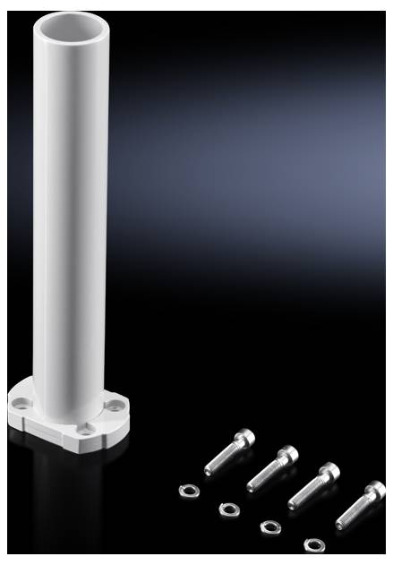 Un tuyau blanc vertical avec bride de fixation et quatre vis avec écrous sur fond noir.