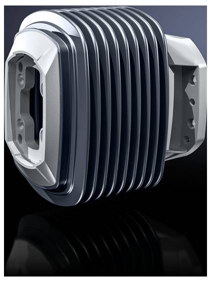 Cylindre métallique à surface striée, probablement une partie d'un moteur ou d'une machine, sur un fond sombre.