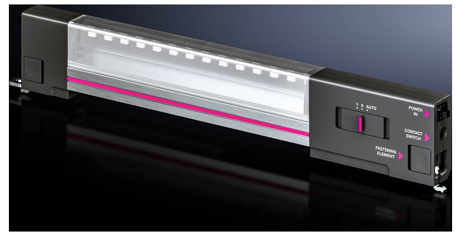Un appareil électronique noir avec une zone transparente et des lignes roses. Côté droit : un commutateur coulissant avec des étiquettes.