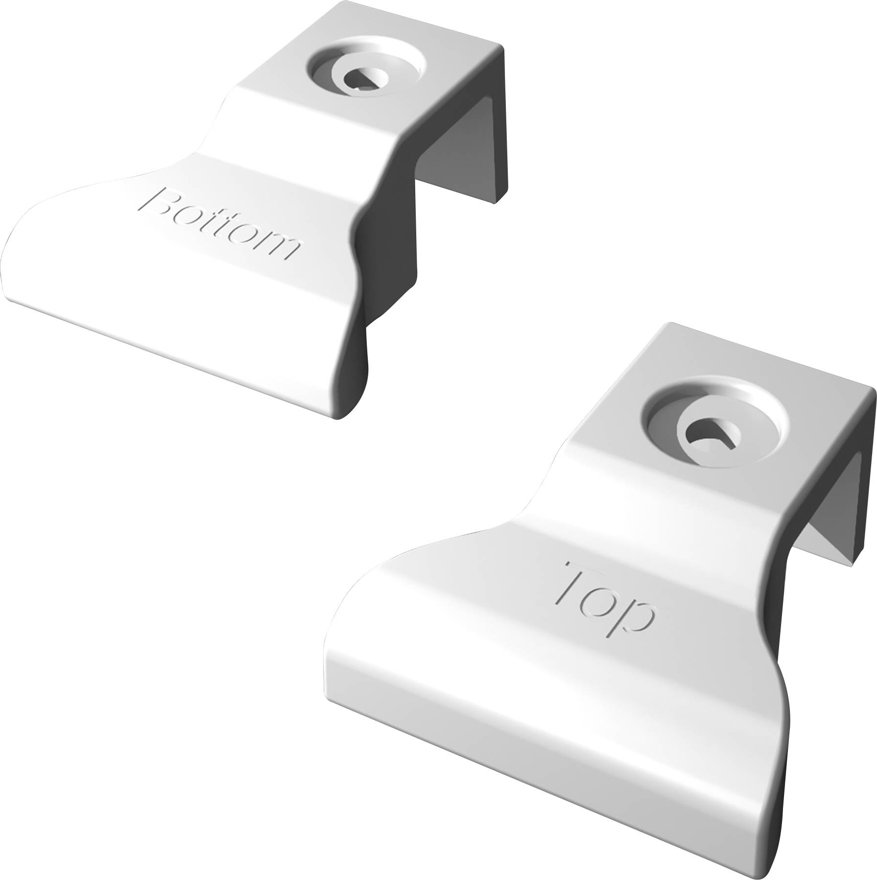 Deux clips en plastique blancs et uniformes, portant l'inscription « bottom » et « top ».