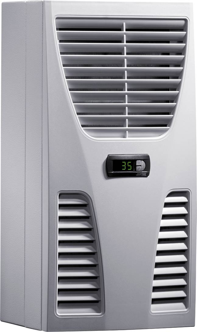 Un compresseur de climatisation gris avec des ouïes de ventilation et un affichage numérique de température indique '35'.