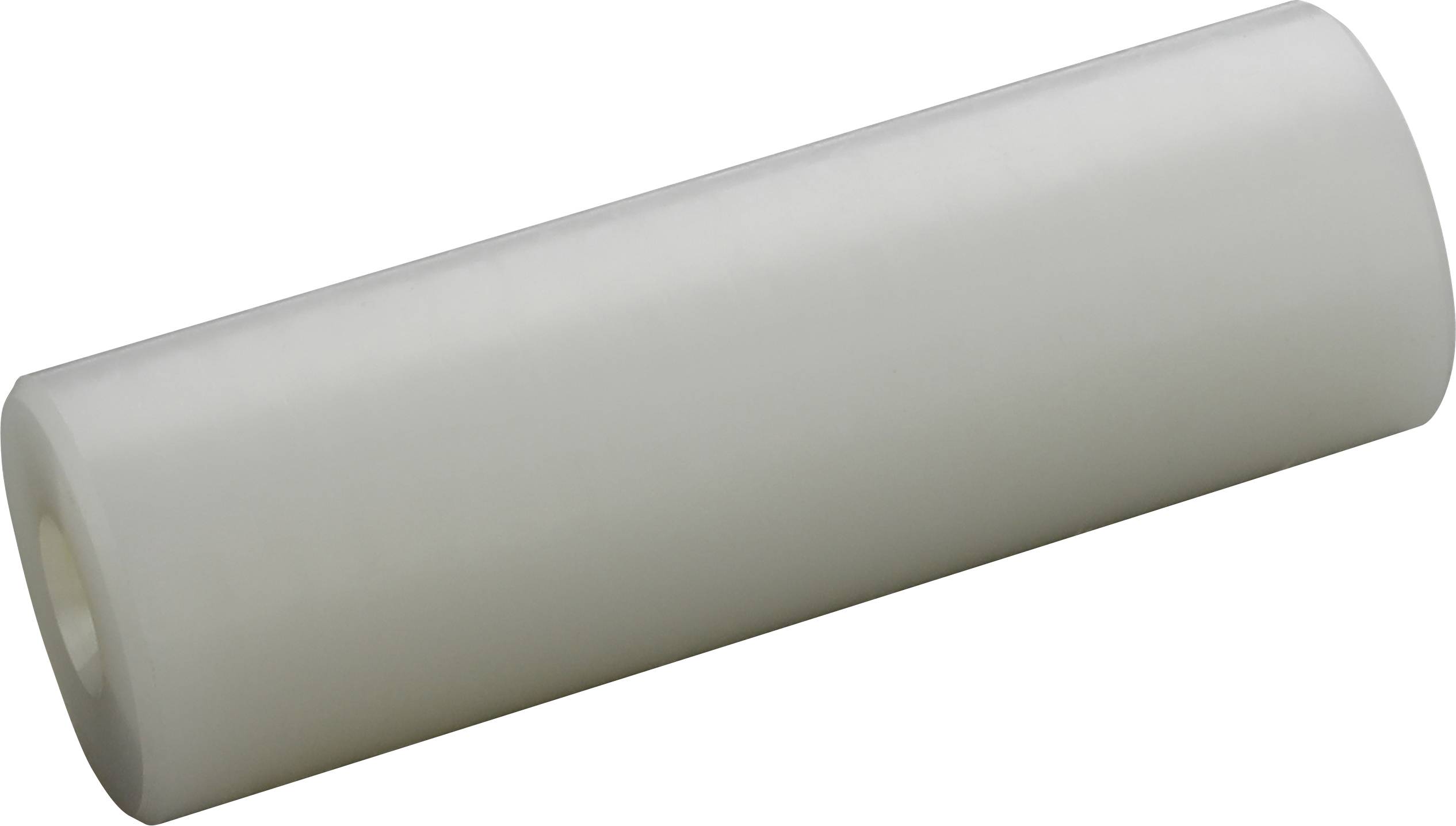 Un rouleau blanc en plastique à surface lisse, posé horizontalement.