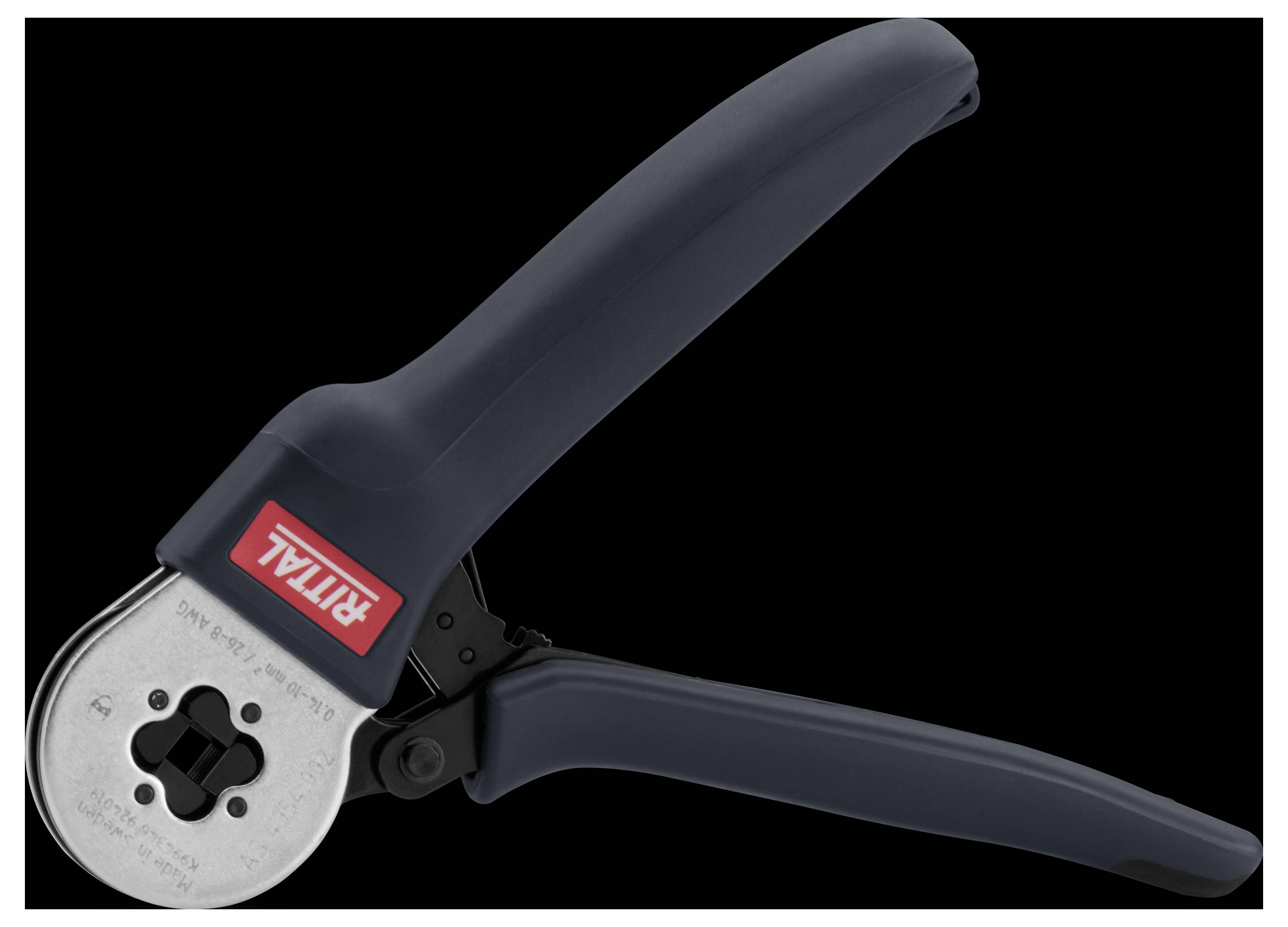 Outil de sertissage avec logo 'Ritail' rouge sur fond noir.