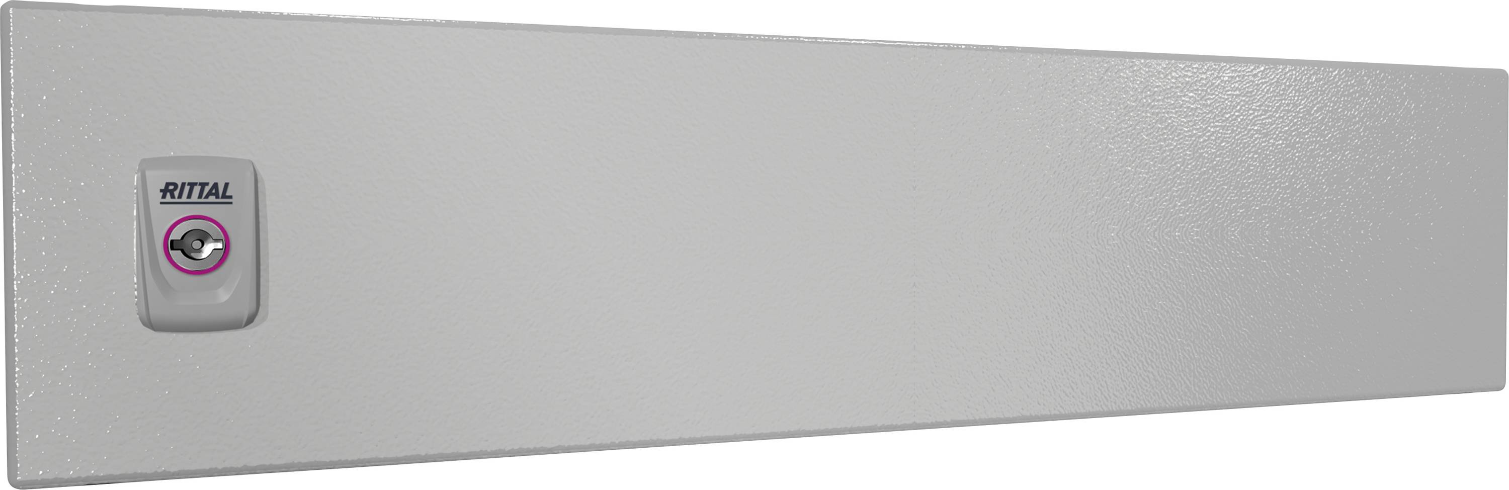 Un casier métallique rectangulaire gris avec un verrou sur le côté gauche et l'inscription 'Rittal'.