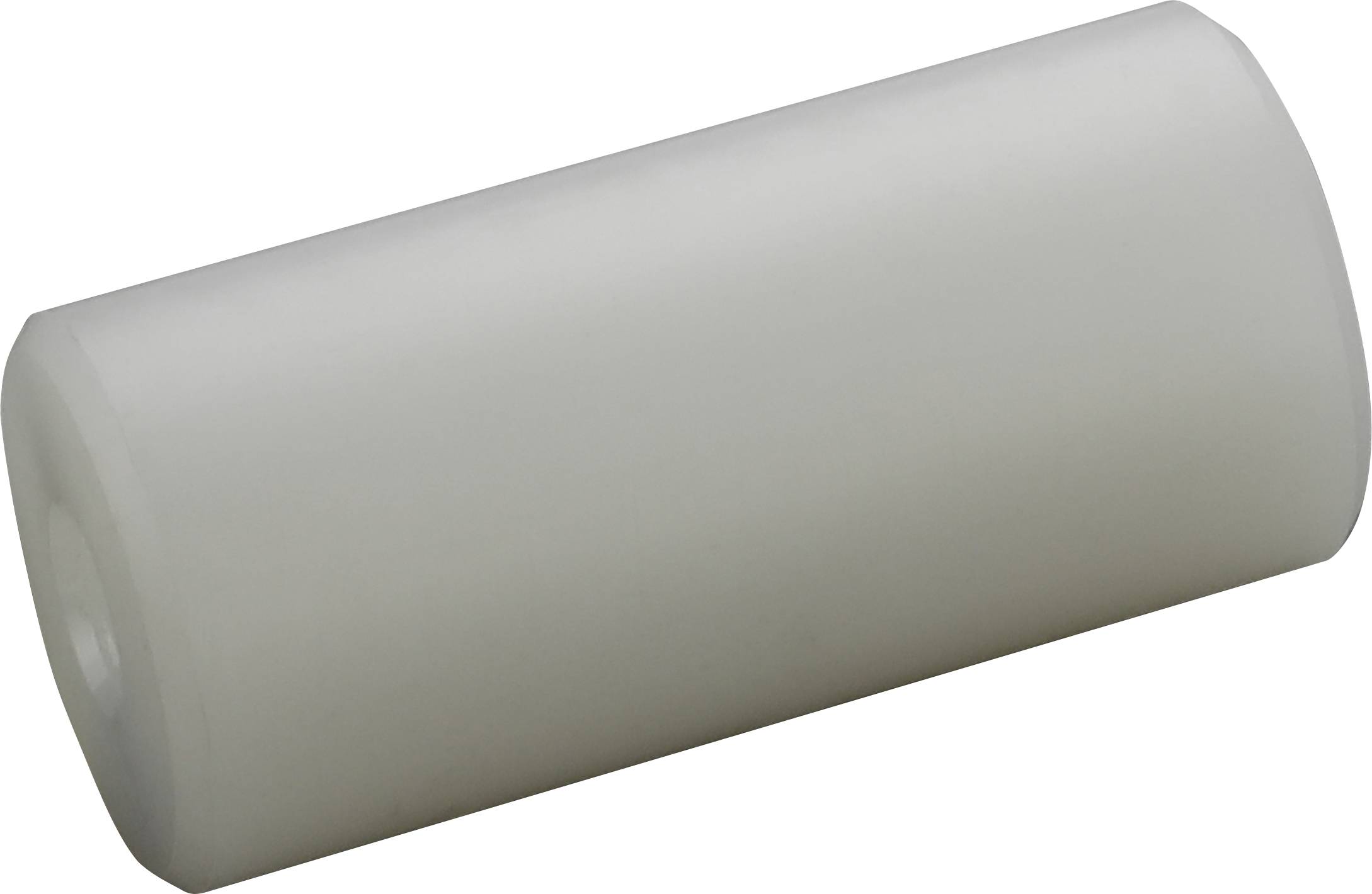 Une tige cylindrique blanche en plastique est posée horizontalement sur un fond gris.